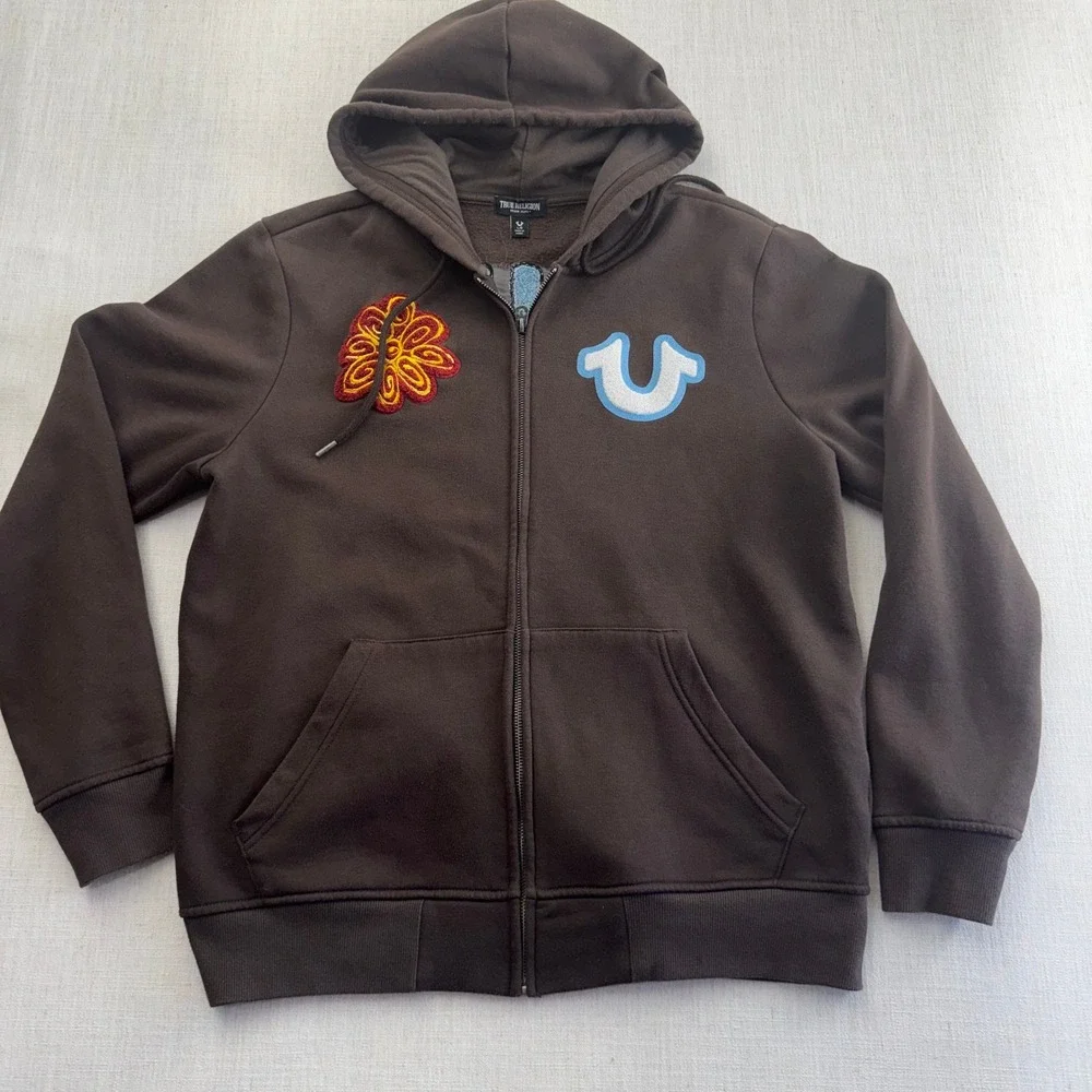 True Religion True Flower EST 02 World Tour Brown Zip Y2K Hoodie Chenille Size L